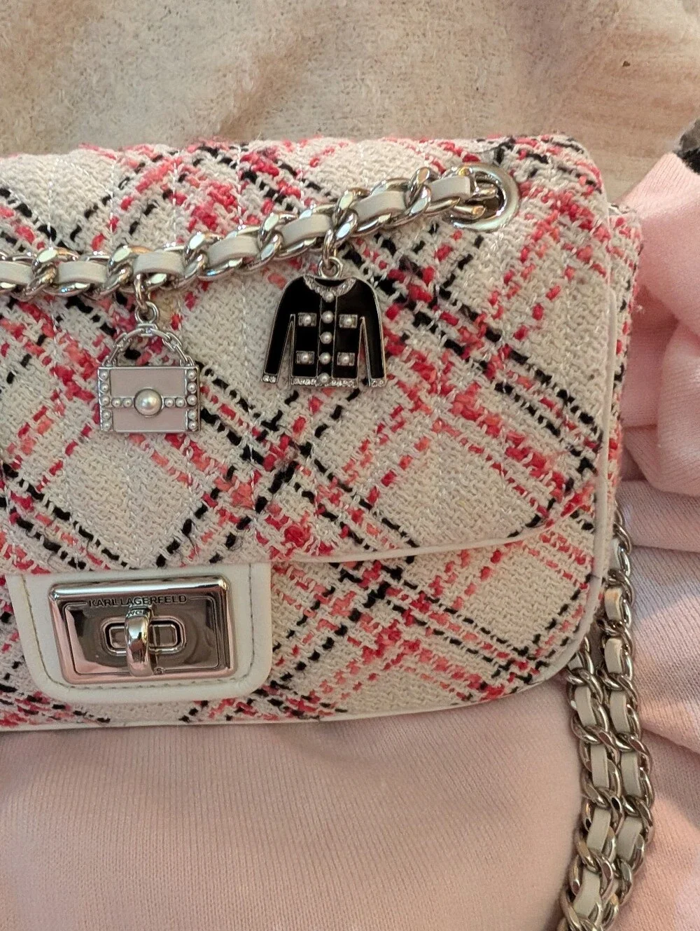 Karl Lagerfeld Pink Tweed  two Way Chain Shoulder Bag with Charms
